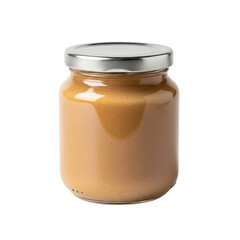 Photo of a glass jar filled with smooth peanut butter, isolated on a transparent background