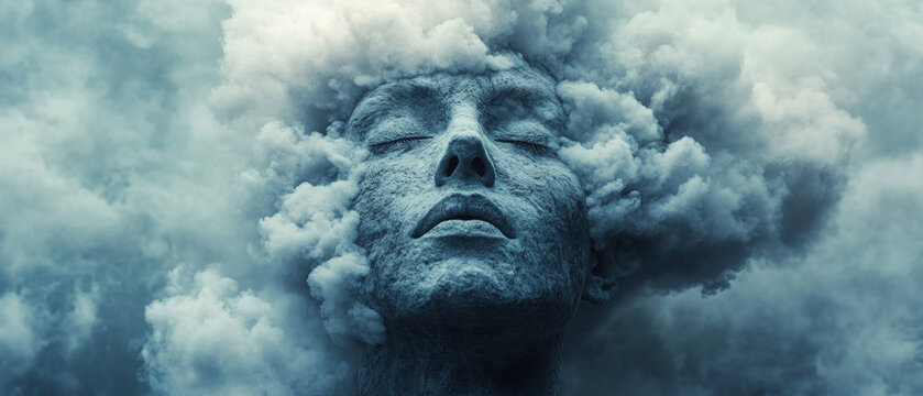 A human face merging with clouds symbolizes freedom of thought and dreams, suitable for covers of self-help books and meditation apps.
