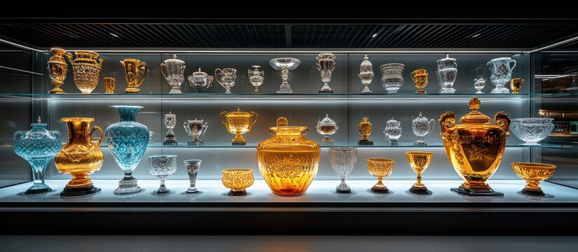 Glass trophy and award collection in a display case.