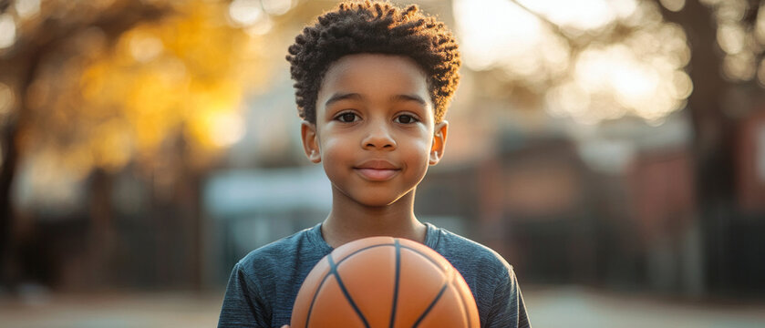 A smiling boy with a basketball on the street on a sunny day is suitable for advertising children's products and sports clubs.
