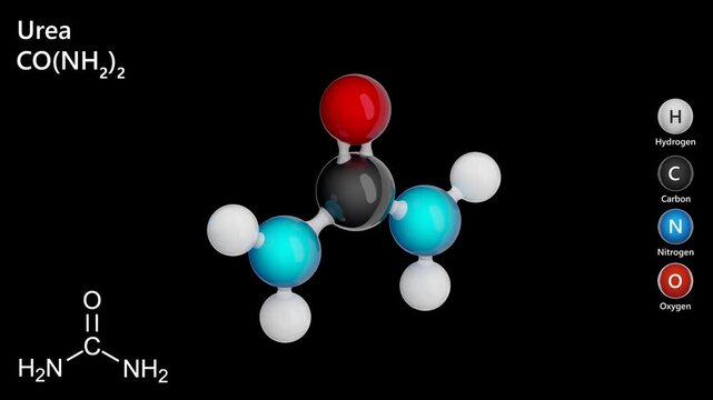3D molecular structure analysis of UREA. Chemical Structure Model: Ball and stick. Molecular formula: CH4N2O. Black background. Seamless looping. 3D rendering.