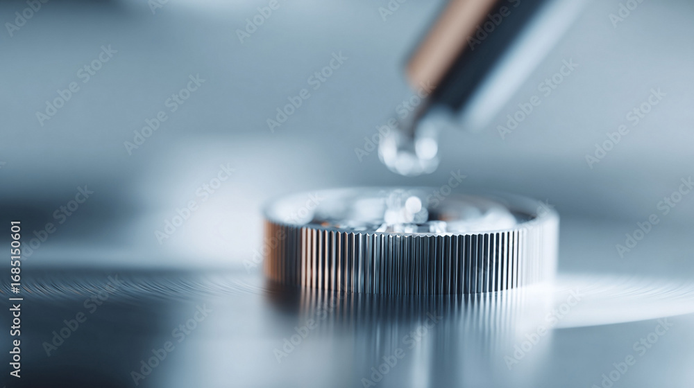 Aufkleber precision and control highlighted in this closeup. a droplet falls onto a precise metallic surface. 