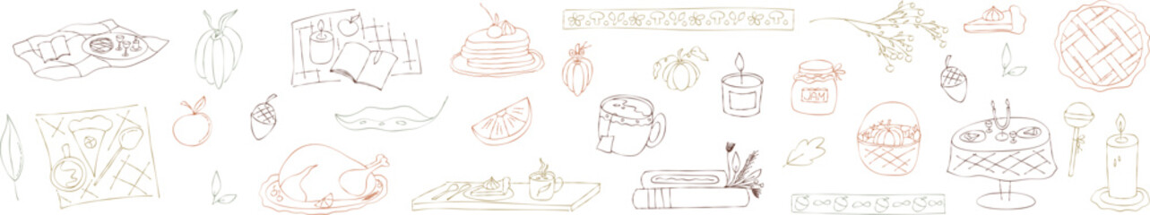 Autumn food whimsical clipart hand drawn crayon texture. Food autumn with pumpkin, leaf and cake. Cute sketch crayon hand drawn chalk simple line © Анжелика Полтавец