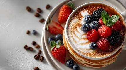 Vibrant, photorealistic top-down flat lay of a delicious, healthy breakfast spread on a clean white surface with a latte, coffee, fresh berries, and pancakes.