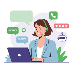 Smiling Female Call Center Agent with Headset and Laptop, Customer Support and Online Chat Service Vector Illustration