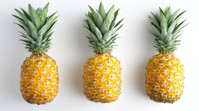 Three ripe pineapples with green leaves on a white background, suitable for articles on healthy eating and recipes.