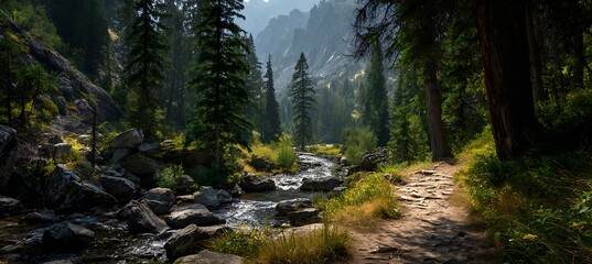 Beautiful forest nature scenery with stream and hiking trail for outdoor adventure and travel destination
