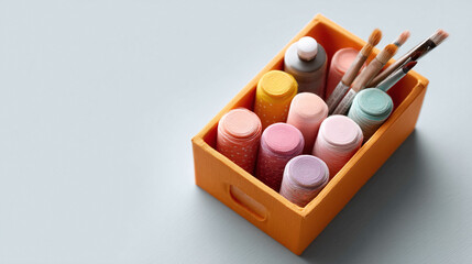 Artistic still life. Pastel paint bottles and brushes in a bright orange box. Concept for creative projects, design, education, craft, or back to school promotions.