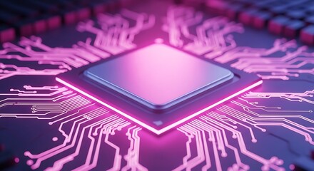 A square cpu chip glowing with pink light on a vibrant circuit board, highlighting the core of digital technology and innovation