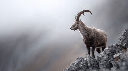 Majestic wild ibex atop rocky mountain peak, gazing confidently into the distance. Symbol of resilience and wilderness. Inspiring image for travel or nature themes.