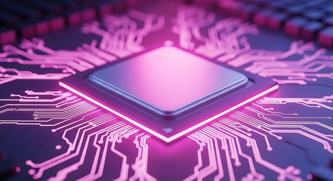 A square cpu chip glowing with pink light on a vibrant circuit board, highlighting the core of digital technology and innovation