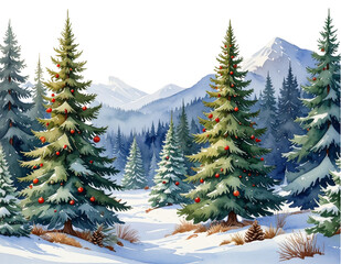 Fototapeta premium Watercolor Christmas Tree Pattern with Pine Details, Transparent PNG