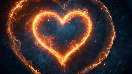 Glowing heart shape made of fiery sparks burning with bright orange flames against dark cosmic background