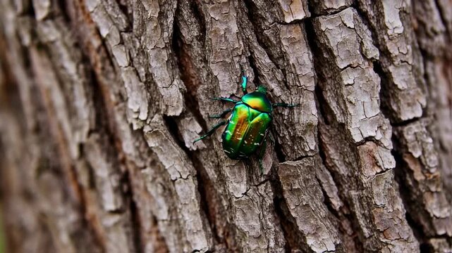 Shiny Green Beetle on Tree Bark with Macro Closeup, and Nature.