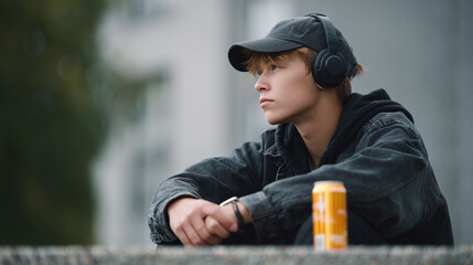 Pensive teen in headphones, gazing thoughtfully. Portrait captures youth, music, reflection. Ideal for articles on adolescence, tech, or lifestyle.