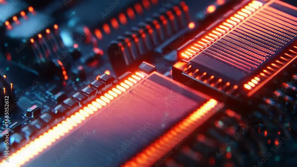 Poster quantum computing processing data with futuristic red lights