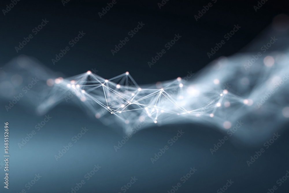 Poster abstract geometric network on dark background. nodes connected by lines suggesting connection, futur