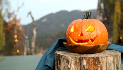Glowing jack-o'-lantern on wooden stump, autumnal scenery