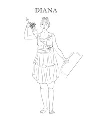 Vector illustration of Diana, the goddess of the hunt, wild animals, fertility, and the Moon.
