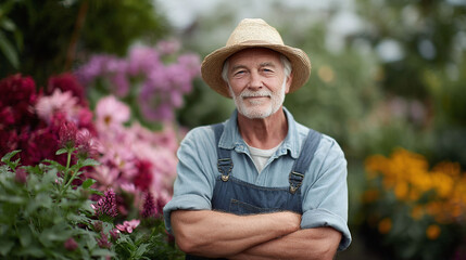 Smiling senior gardener in a straw hat, surrounded by colorful flowers. Represents experience, nature, and a fulfilling retirement. Ideal for gardening, health, or lifestyle content.