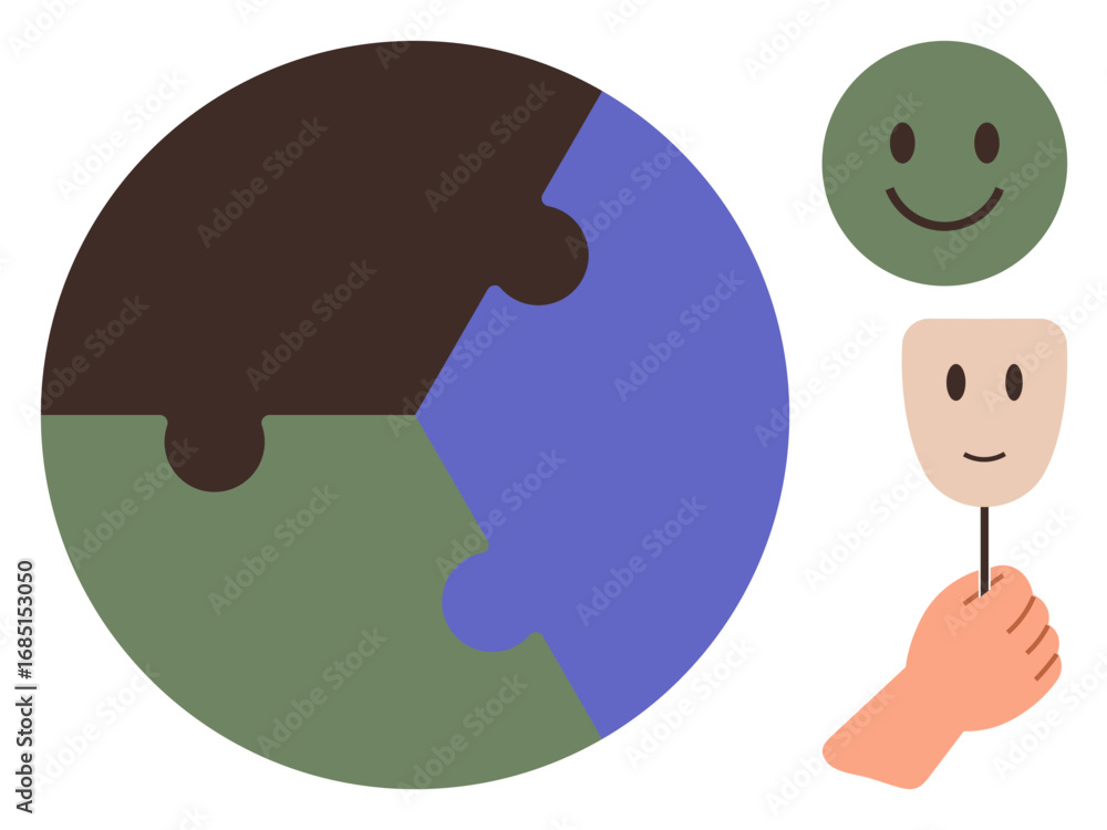 Poster a puzzle globe highlights connection and unity, while smiling face masks in hand signify emotional b
