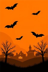Halloween Silhouette: Bats Flying Over Spooky Village