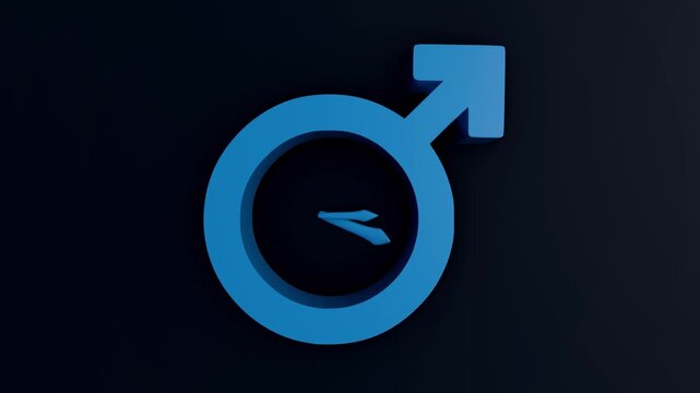 A 3d animation of male gender symbol integrated within the circular part of the symbol is a clock face in the black background.