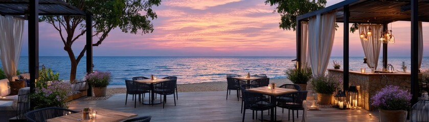 Luxury dinner setup with beach view concept. Serene beachside dining scene at sunset with picturesque views.