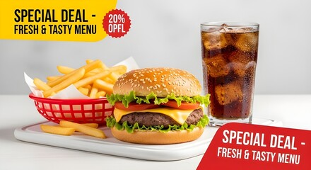 Special deal fresh and tasty menu burger with fries and soda