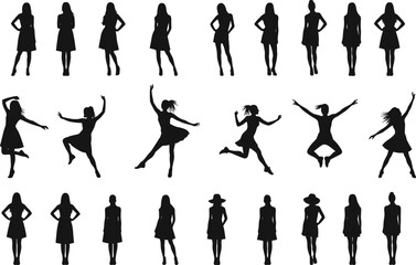 Silhouette Collection of Women Standing and Dancing in Various Poses, Vector Illustration for Fashion, Lifestyle, and Body Language Concepts