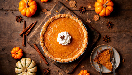 Fototapeta premium Pumpkin pie on a wooden table, cinnamon sticks and small decorative pumpkins placed around. High quality photo