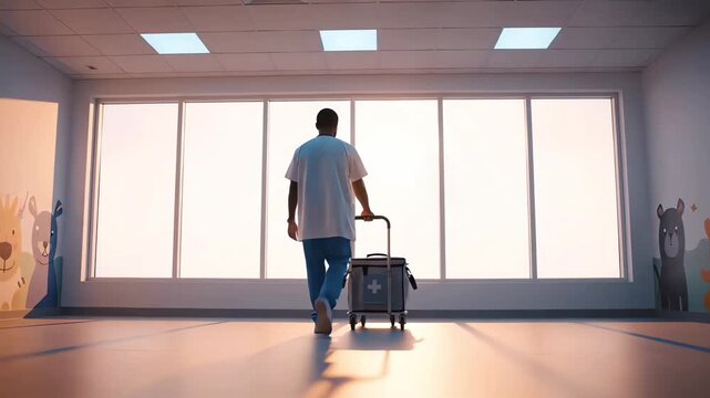 Rear view of a dedicated medical professional walking towards a bright window, symbolizing hope and the future of healthcare