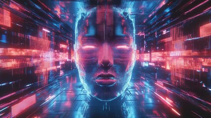 Digital human head emerging from futuristic cyberspace tunnel - Powered by Adobe