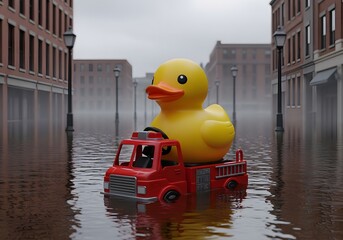 Ducky on a truck in a flooded city is a surreal and whimsical scene to behold