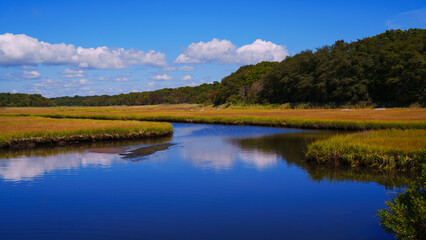 Autumn New England landscape at Barn Island Wildlife Coastal Conservation Area in Pawcatuck, Connecticut, with tidal wet marshlands and golden fields along the shoreline.
