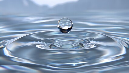 Close up of a single water droplet falling into rippling blue water