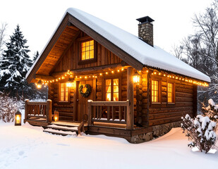 Rustic Christmas Market Hut with Lanterns and Snow, Diagonal View, Transparent PNG
