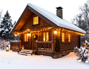 Rustic Christmas Market Hut with Lanterns and Snow, Diagonal View, Transparent PNG