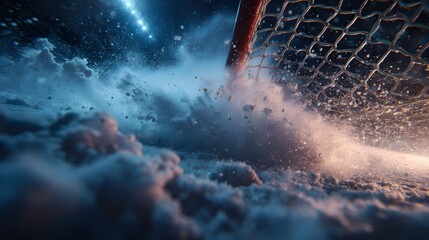 Fototapeta premium High-speed action photograph of a hockey puck hitting the back of the goal net, creating an explosive spray of ice that sparkles under dramatic blue arena lighting.
