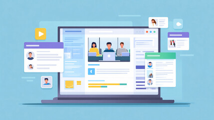 Laptop displaying team collaboration, communication network. For business, online meetings, social media, and teamwork concepts. Flat design style.