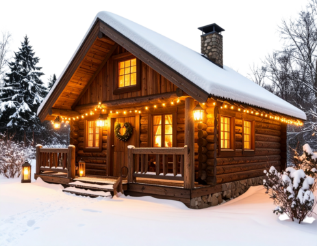Rustic Christmas Market Hut with Lanterns and Snow, Diagonal View, Transparent PNG