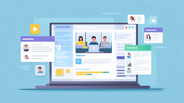 Laptop displaying team collaboration, communication network. For business, online meetings, social media, and teamwork concepts. Flat design style. - Powered by Adobe
