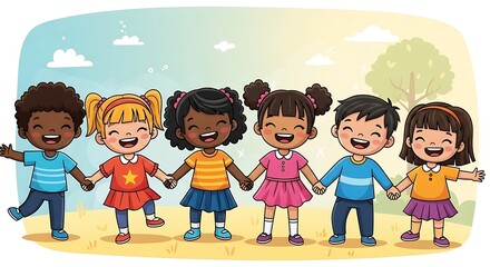 Diverse happy children holding hands joyfully in a bright sunny outdoor setting