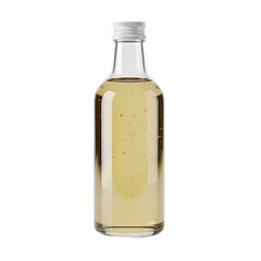 Photo of a clear glass bottle filled with a light yellow liquid, possibly oil or vinegar, with a white screwon cap, isolated on a transparent background