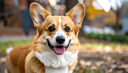 Happy corgi in autumnal park