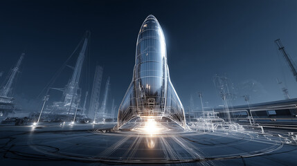 Futuristic glass rocket on a launchpad with blueprint-style architecture, symbolizing a Minimum Viable Product launch.