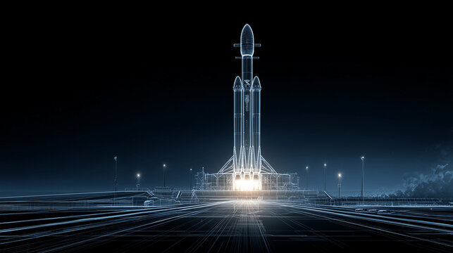 Wireframe blueprint of a rocket on a launchpad with a glowing engine, representing the MVP concept.