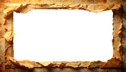 Marco fotográfico realista con textura de papel rasgado con el paso del tiempo, como si la foto estuviera rota por el paso del tiempo, PNG