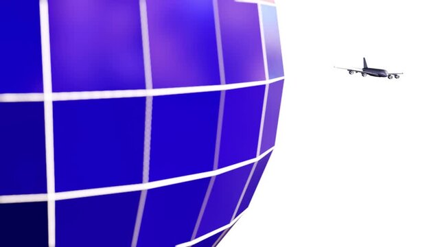 A 3d animation of a dark blue sphere with a grid-like pattern in motion, as if rotating. A commercial airplane is depicted flying away from the sphere.
