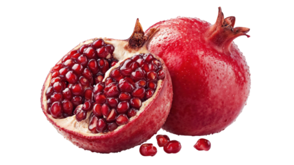 Ripe red pomegranate cut open revealing ruby red arils and seeds inside, whole fruit showing natural antioxidant-rich superfood on white.